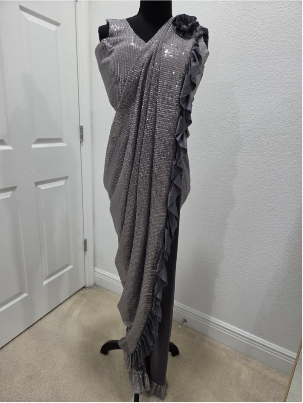 Women's Unbranded Sequin Saree One Size Silver Grey